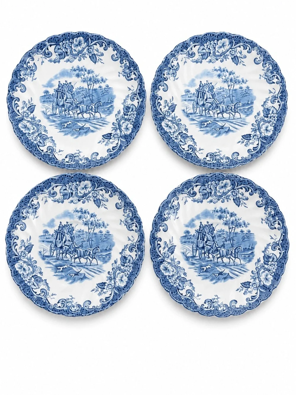 Johnson Bros Coaching Scenes Blue & White Scalloped Plates Set of 4 Vintage